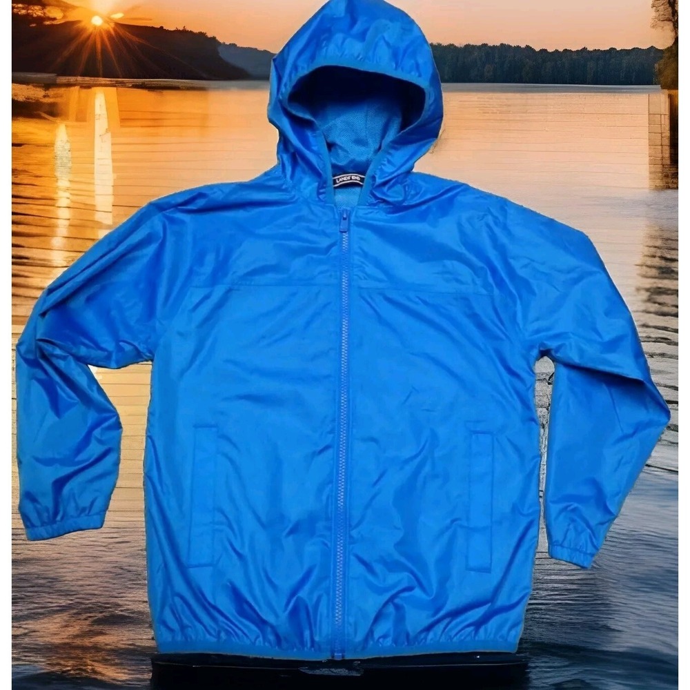 Lands End Windbreaker Jacket Boys Size Small 8 Blue Excellent Hooded Full Zip